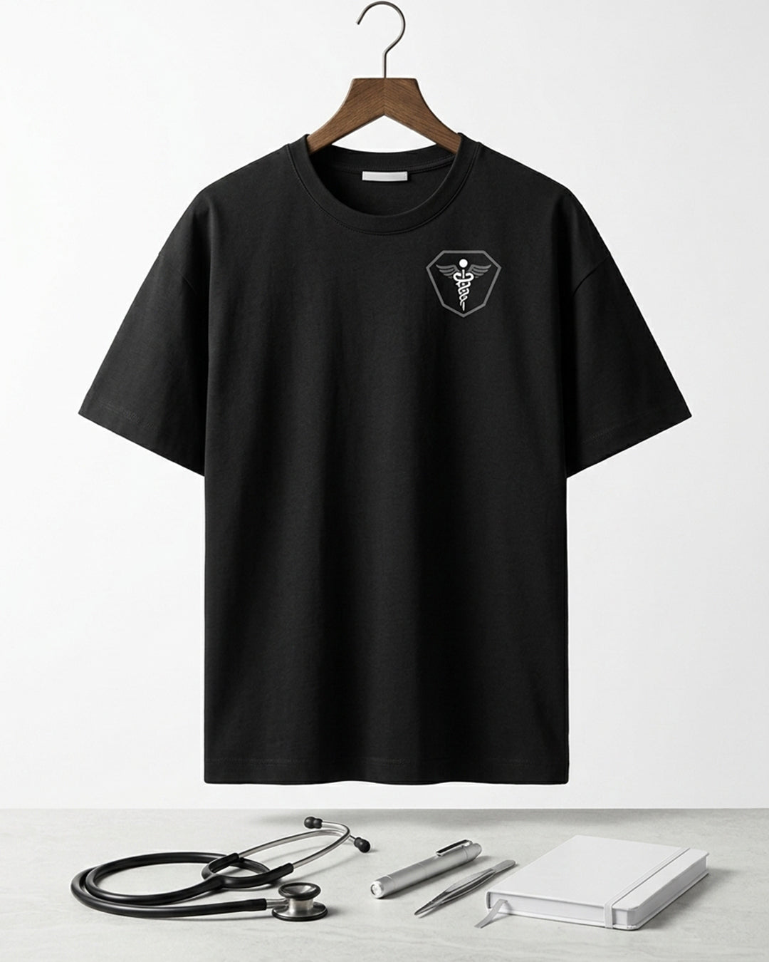 Caduceus Medicine Logo- Black Round Neck Medical T-shirt