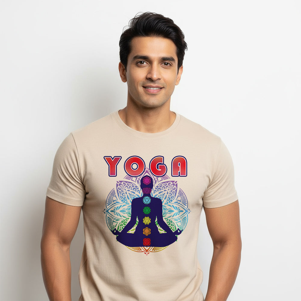 Yoga Chakras Mandala- Beige Round Neck Yoga T-shirt