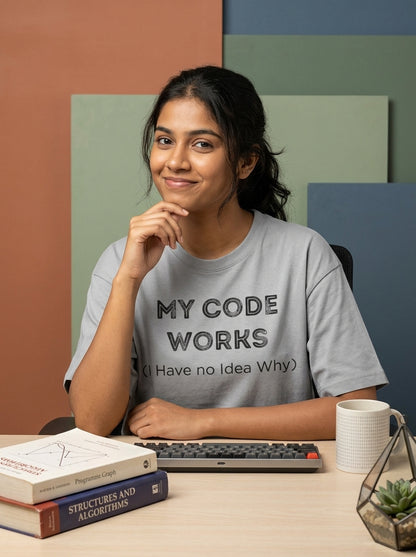My Code Works- White Round Neck Coding T-shirt