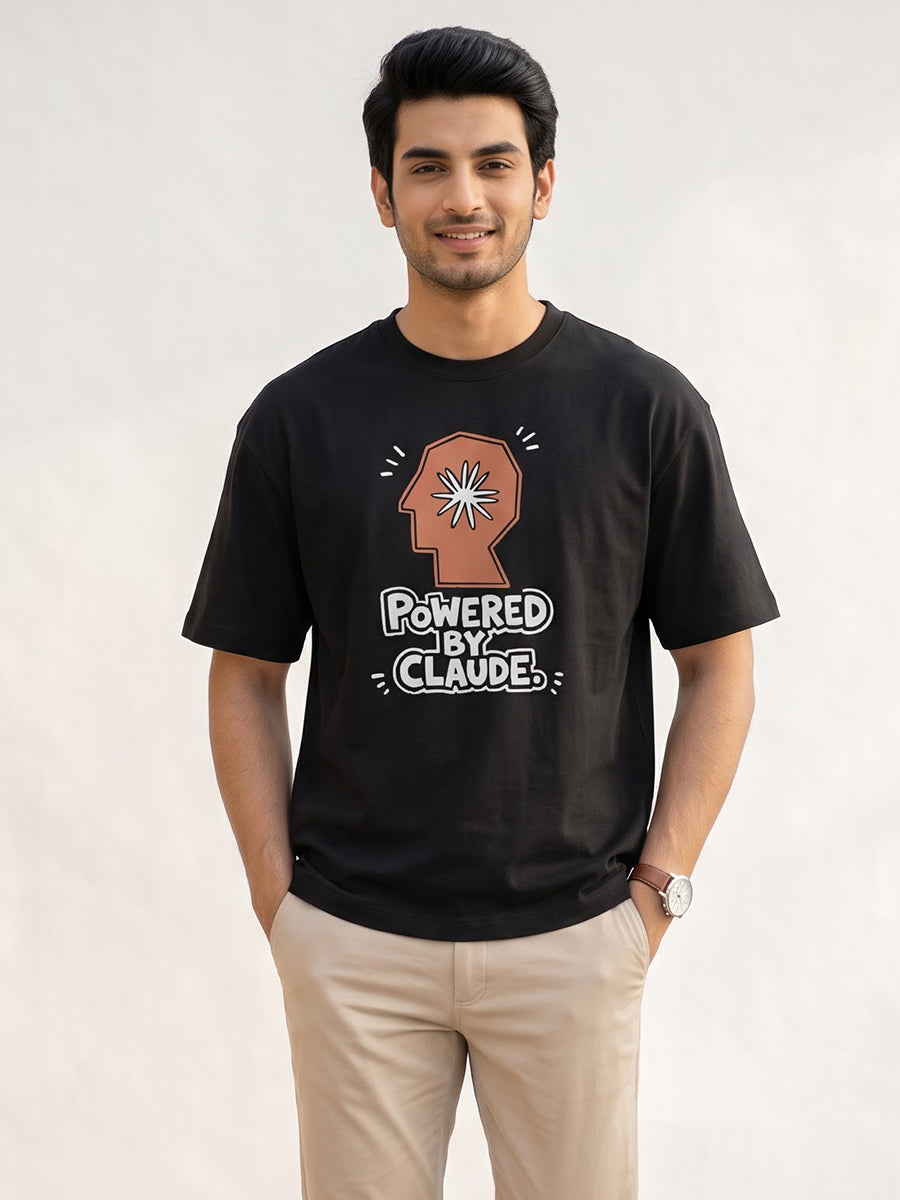 Powered By Claude- Black Round Neck A.I. Tshirt