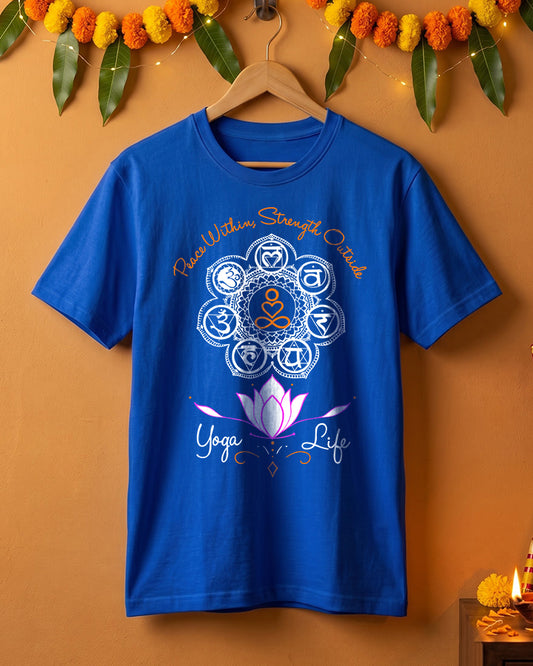 Peace Within, Strength Outside- Royal Blue Round Neck Yoga T-shirt