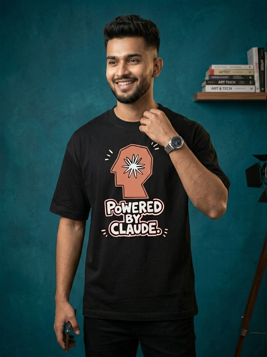 Powered By Claude- Black Round Neck A.I. Tshirt