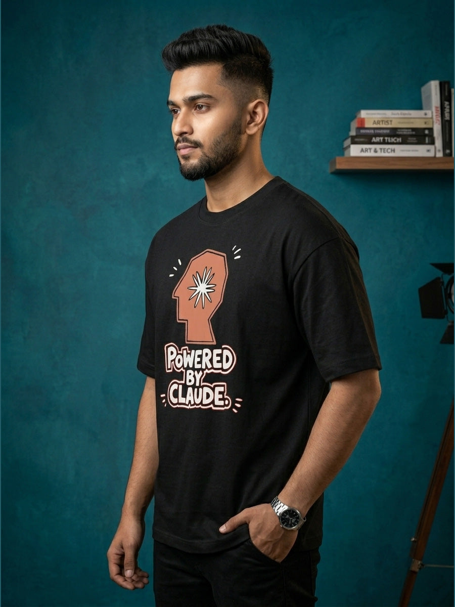 Powered By Claude- Black Round Neck A.I. Tshirt