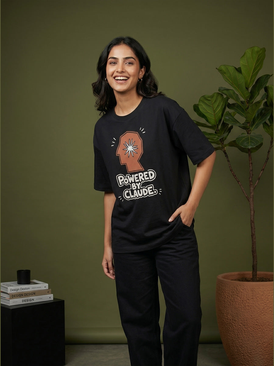 Powered By Claude- Black Round Neck A.I. Tshirt