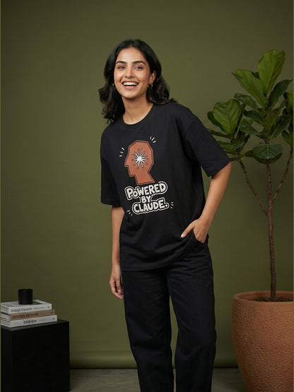Powered By Claude- Black Round Neck A.I. Tshirt