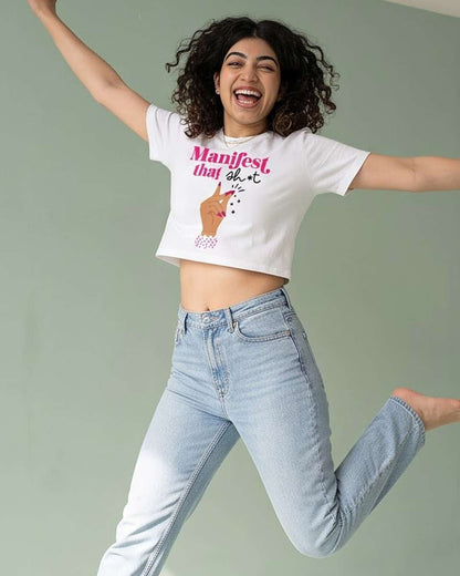 Manifest That- White Graphic Crop Top