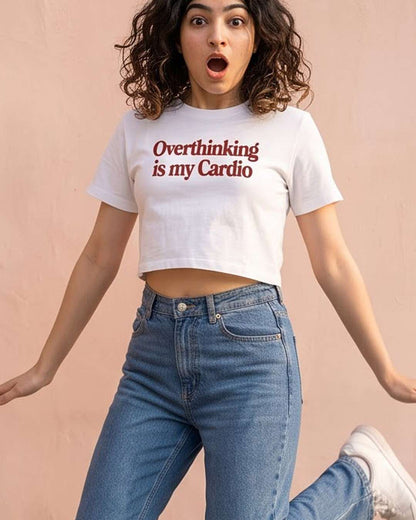Overthinking- White Graphic Crop Top