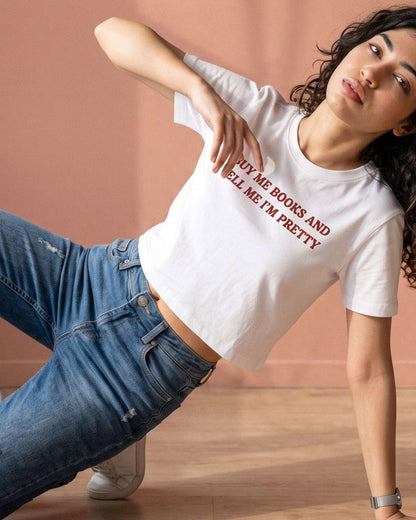 Buy Me Books- White Graphic Crop Top