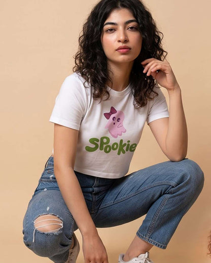 Spookie- White Graphic Crop Top