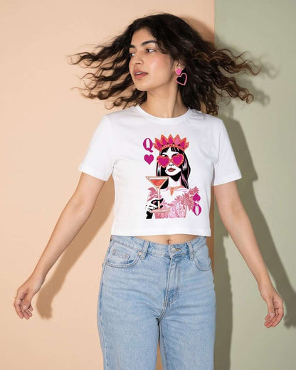 Queen Card- White Graphic Crop Top
