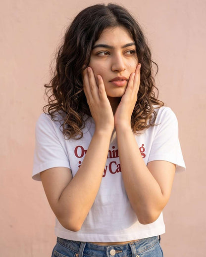 Overthinking- White Graphic Crop Top