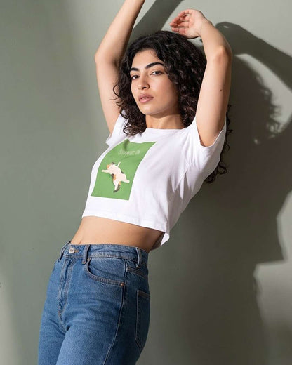 Peace Mode On- White Graphic Crop Top