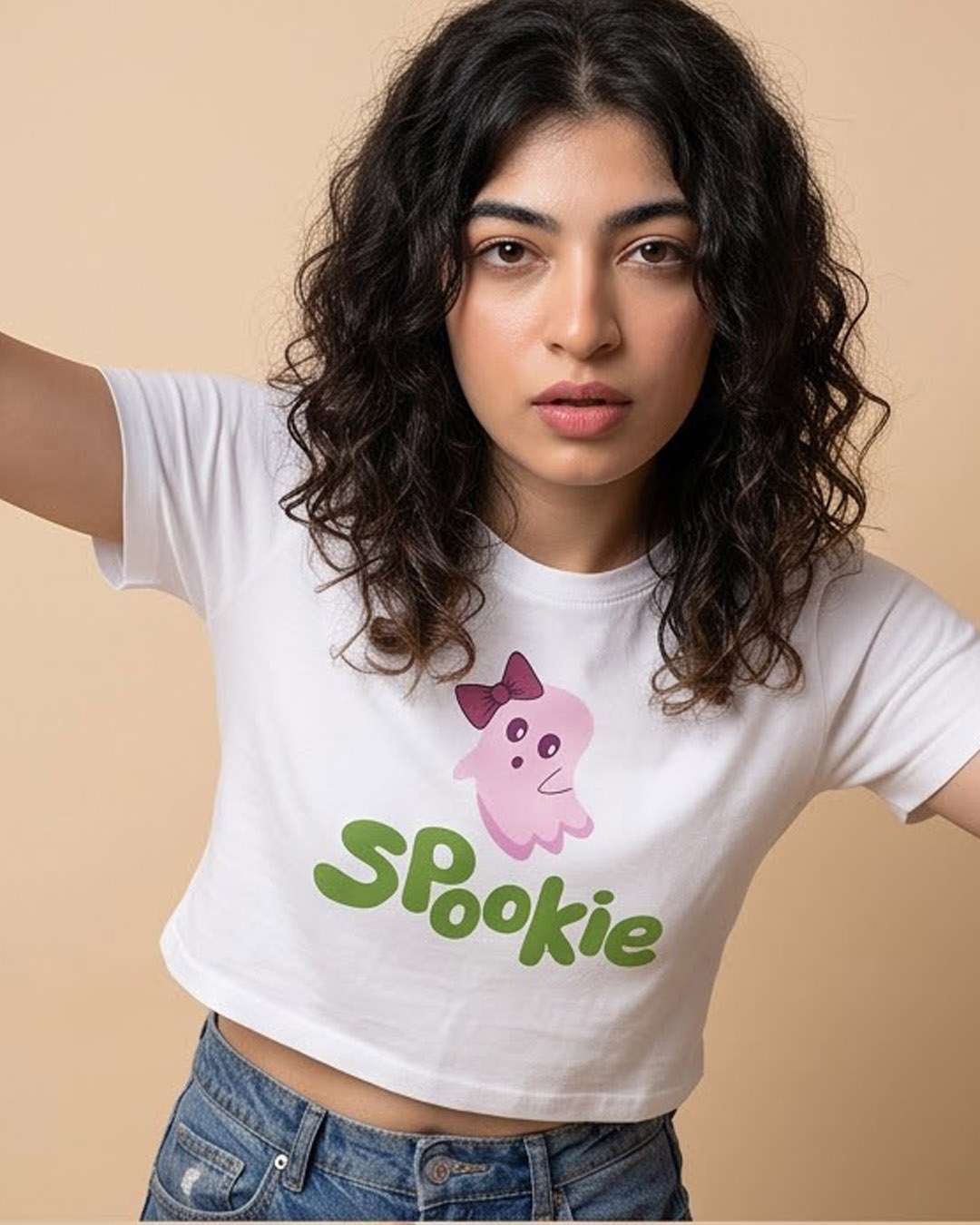 Spookie- White Graphic Crop Top