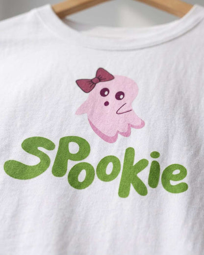 Spookie- White Graphic Crop Top
