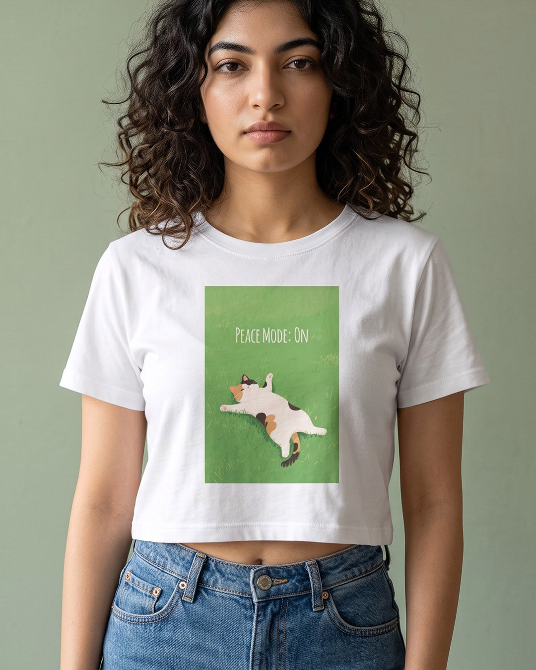 Peace Mode On- White Graphic Crop Top