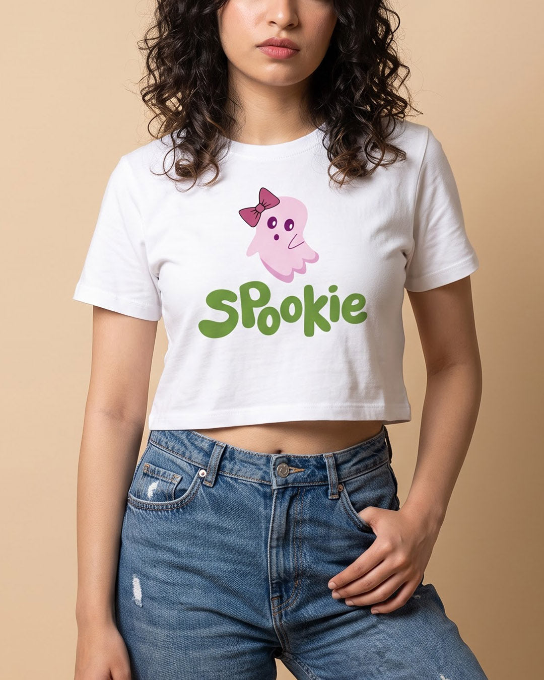 Spookie- White Graphic Crop Top