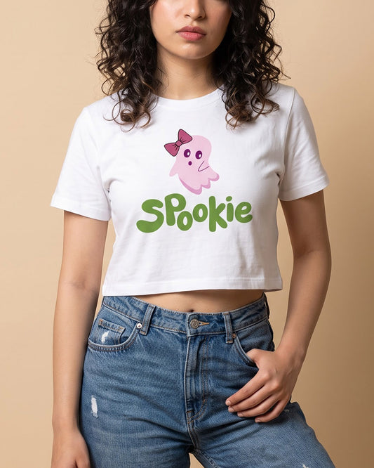 Spookie- White Graphic Crop Top