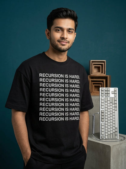 Recursion Is Hard- Black Round Neck Coding T-shirt