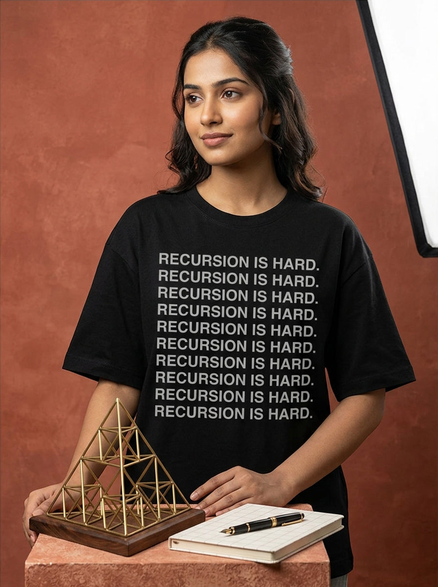 Recursion Is Hard- Black Round Neck Coding T-shirt