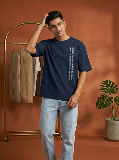 Just Be You - Navy Blue Round Neck Oversized Graphic T-shirt