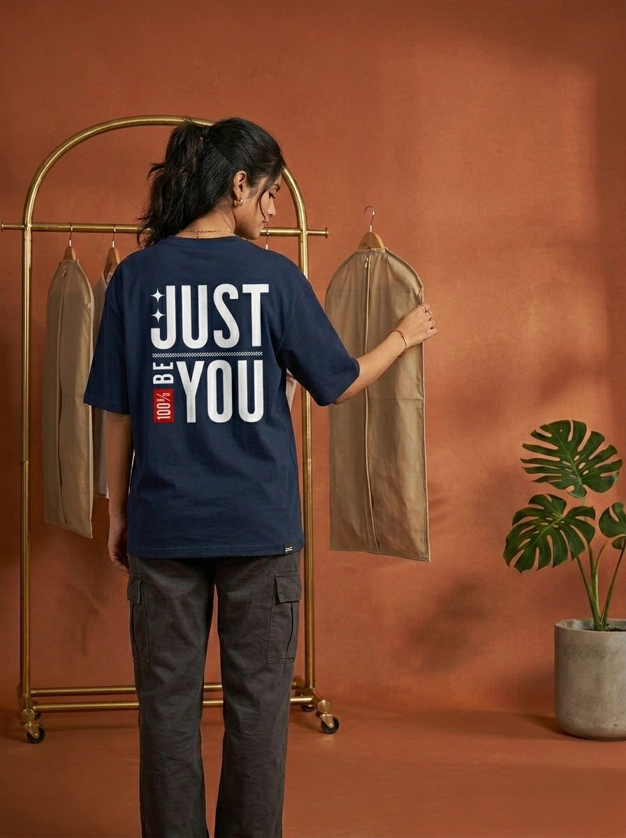 Just Be You - Navy Blue Round Neck Oversized Graphic T-shirt