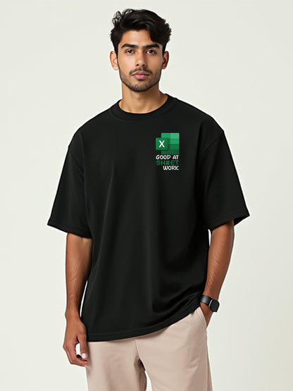 Sheet Work- Black Round Neck Oversized Corporate T-shirt