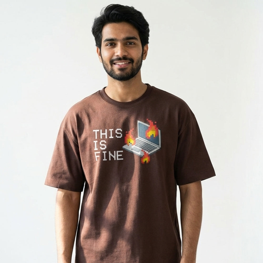 This is fine - Coffee Brown Coding Round Neck T-shirt