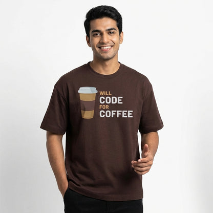 Will Code for Coffee- Coffee Brown Round Neck Coding T-shirt