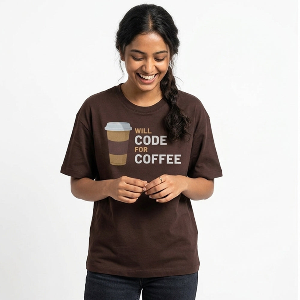 Will Code for Coffee- Coffee Brown Round Neck Coding T-shirt