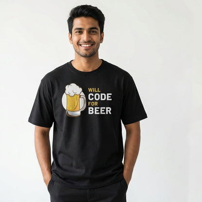 Will Code for Beer- Black Round Neck Coding T-shirt