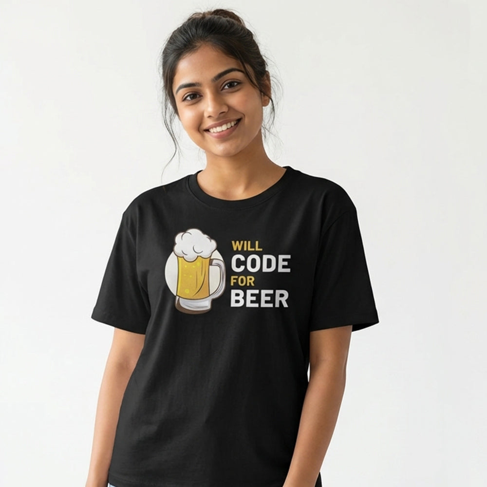 Will Code for Beer- Black Round Neck Coding T-shirt