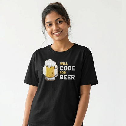 Will Code for Beer- Black Round Neck Coding T-shirt