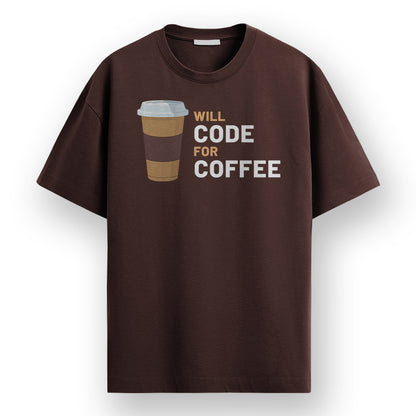 Will Code for Coffee- Coffee Brown Round Neck Coding T-shirt