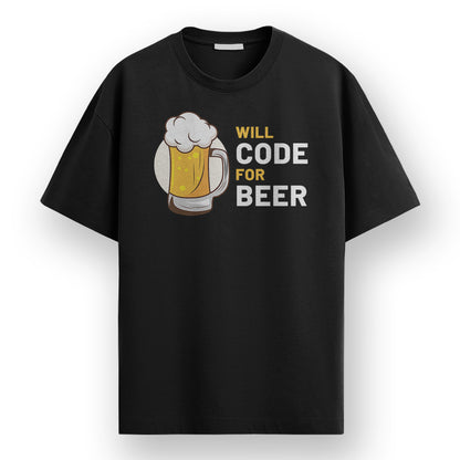 Will Code for Beer- Black Round Neck Coding T-shirt