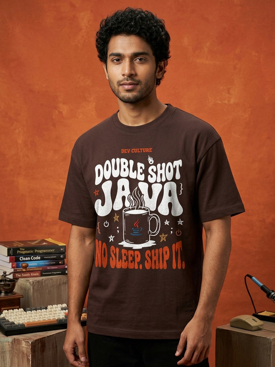 Java Double Shot- Coffee Brown Round Neck Coding Tshirt