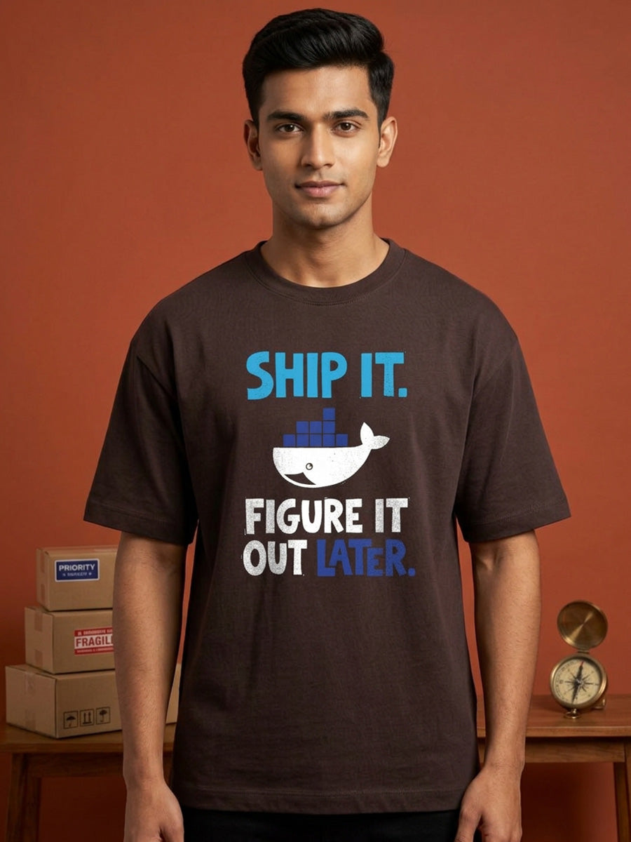 Docker Ship It- Coffee Brown Round Neck Coding Tshirt