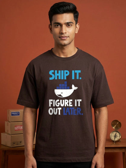 Docker Ship It- Coffee Brown Round Neck Coding Tshirt