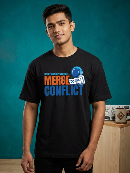 GIT Merge Conflict- Black Round Neck Coding Tshirt