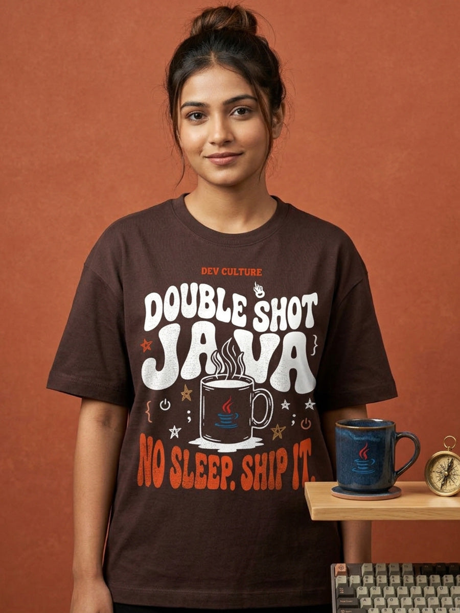 Java Double Shot- Coffee Brown Round Neck Coding Tshirt