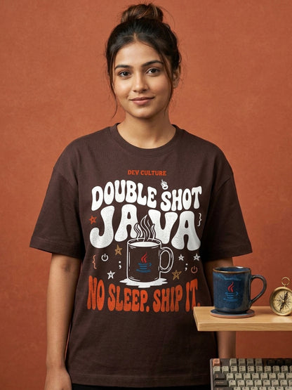 Java Double Shot- Coffee Brown Round Neck Coding Tshirt