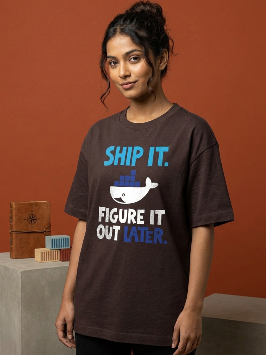 Docker Ship It- Coffee Brown Round Neck Coding Tshirt