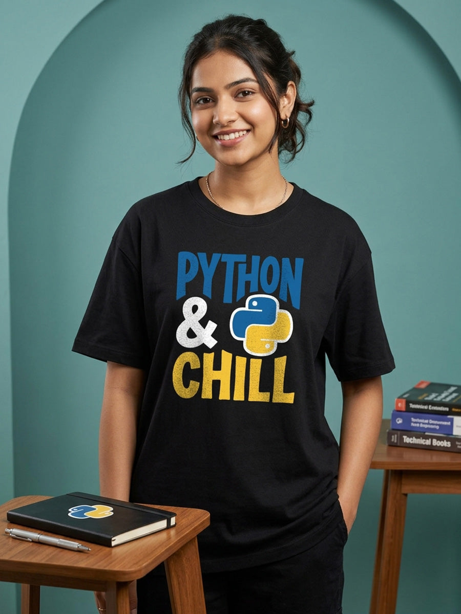 Python and Chill- Black Round Neck Coding Tshirt
