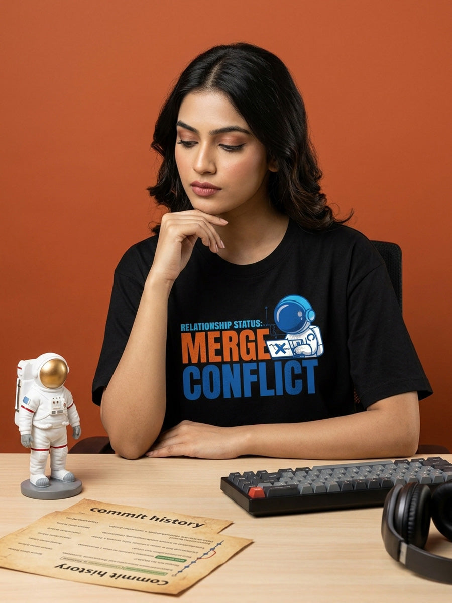 GIT Merge Conflict- Black Round Neck Coding Tshirt