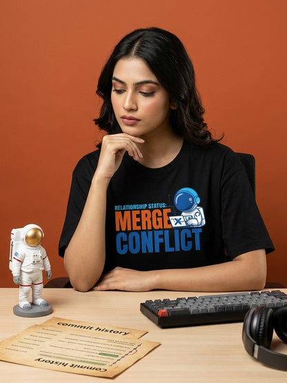 GIT Merge Conflict- Black Round Neck Coding Tshirt
