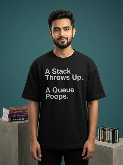 Stack Throws Up- Black Round Neck Coding T-shirt
