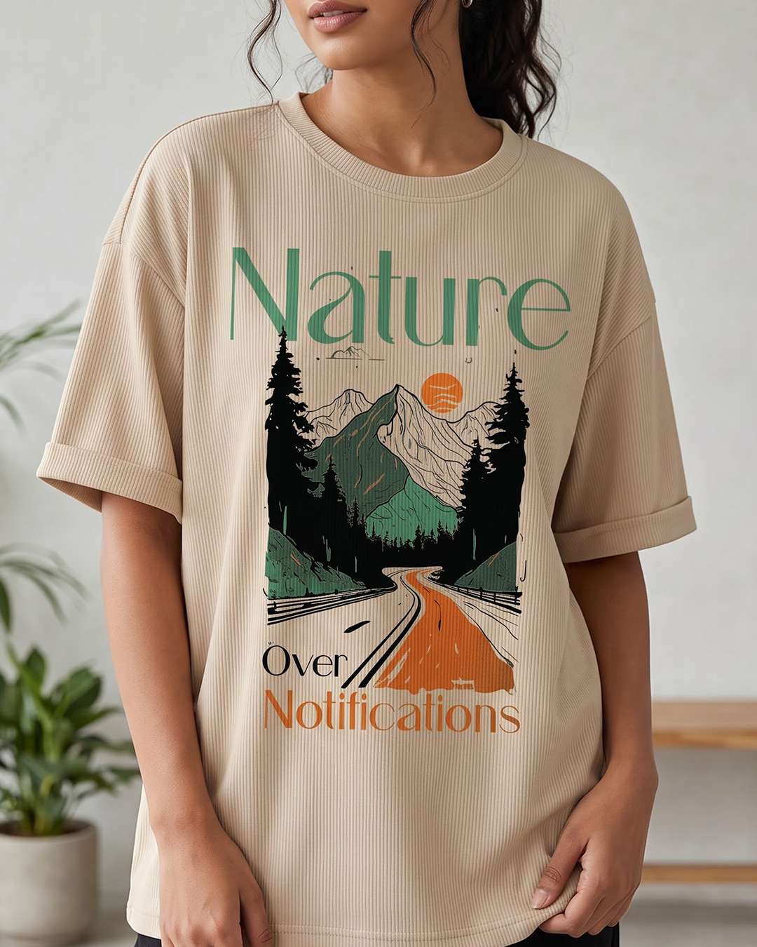 Nature Over Notifications- Beige Oversized Travel Tshirt