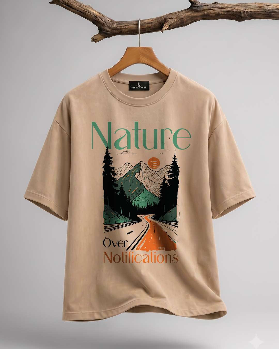 Nature Over Notifications- Beige Oversized Travel Tshirt