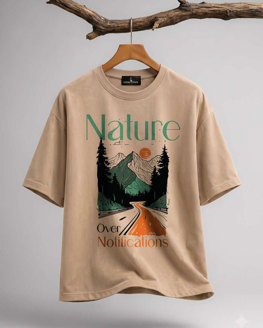 Nature Over Notifications- Beige Oversized Travel Tshirt