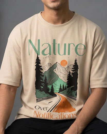 Nature Over Notifications- Beige Oversized Travel Tshirt