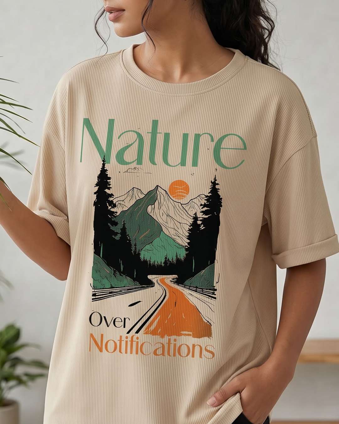 Nature Over Notifications- Beige Oversized Travel Tshirt